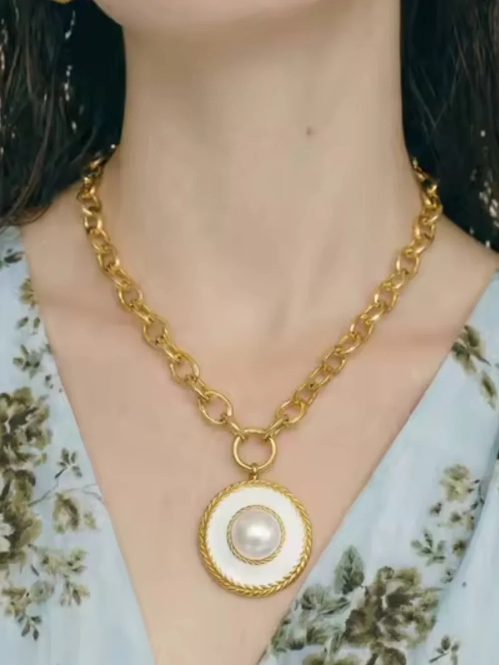Gold Medallion White Pearl Circle Necklace